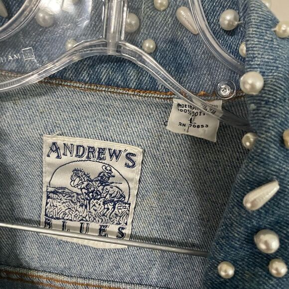 Andrew’s Blues Vintage Pearl Studded Oversized Jean Denim Jacket - Picture 6 of 16